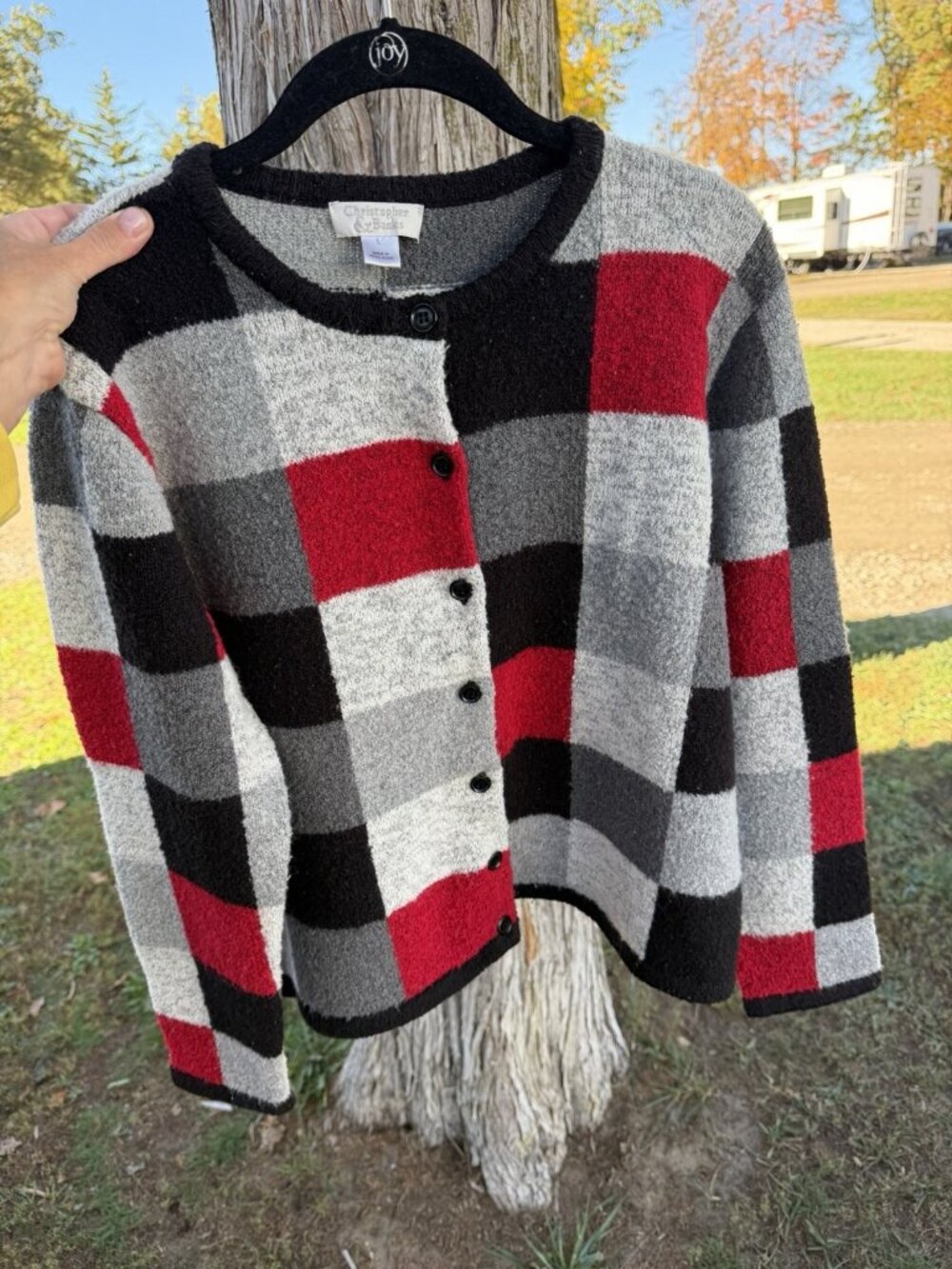 Vintage Y2K Christopher Banks colorblock buffalo plaid cottage cabin cardigan L - Picture 2 of 10